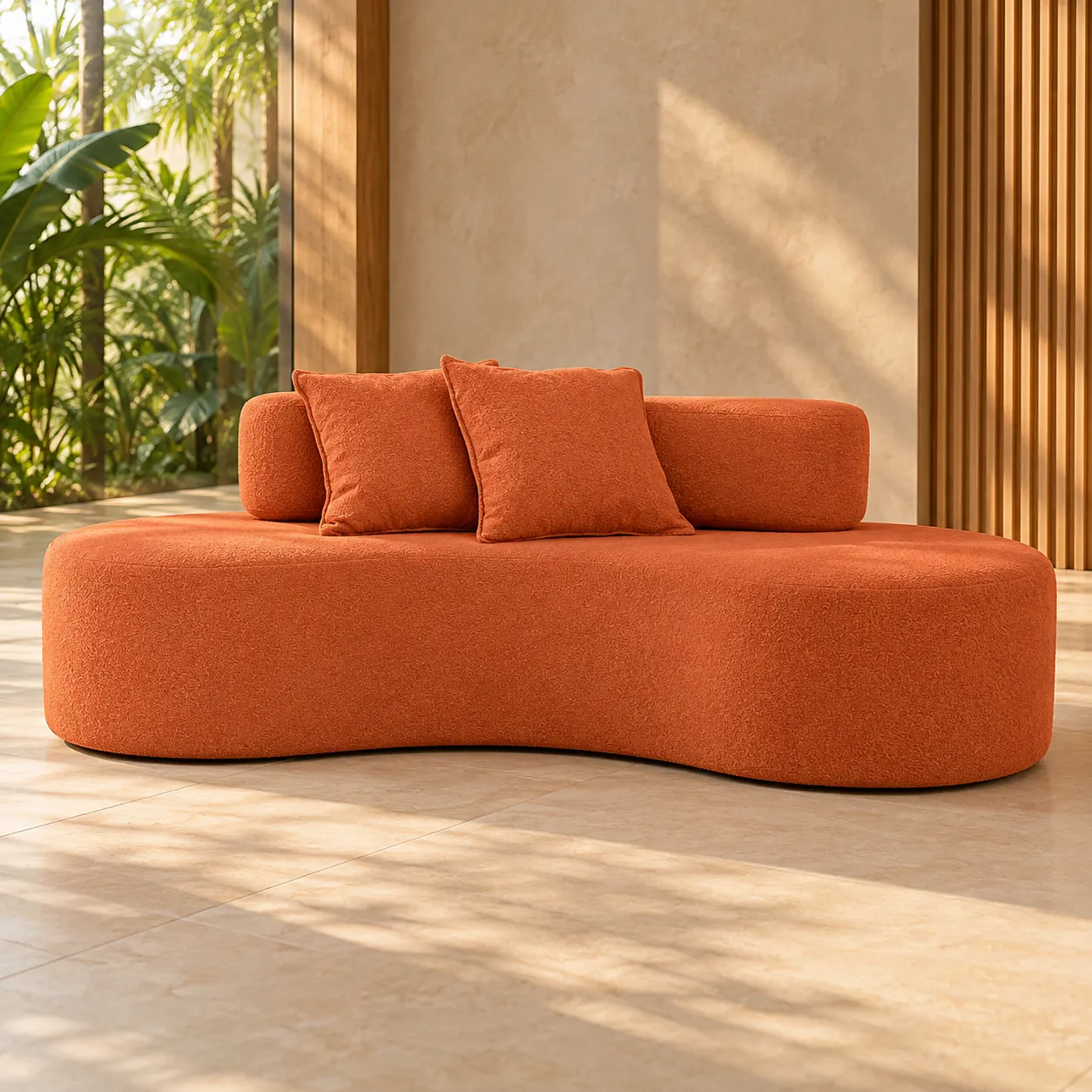 Sofá Feijão terracota em uma sala com plantas e luz natural