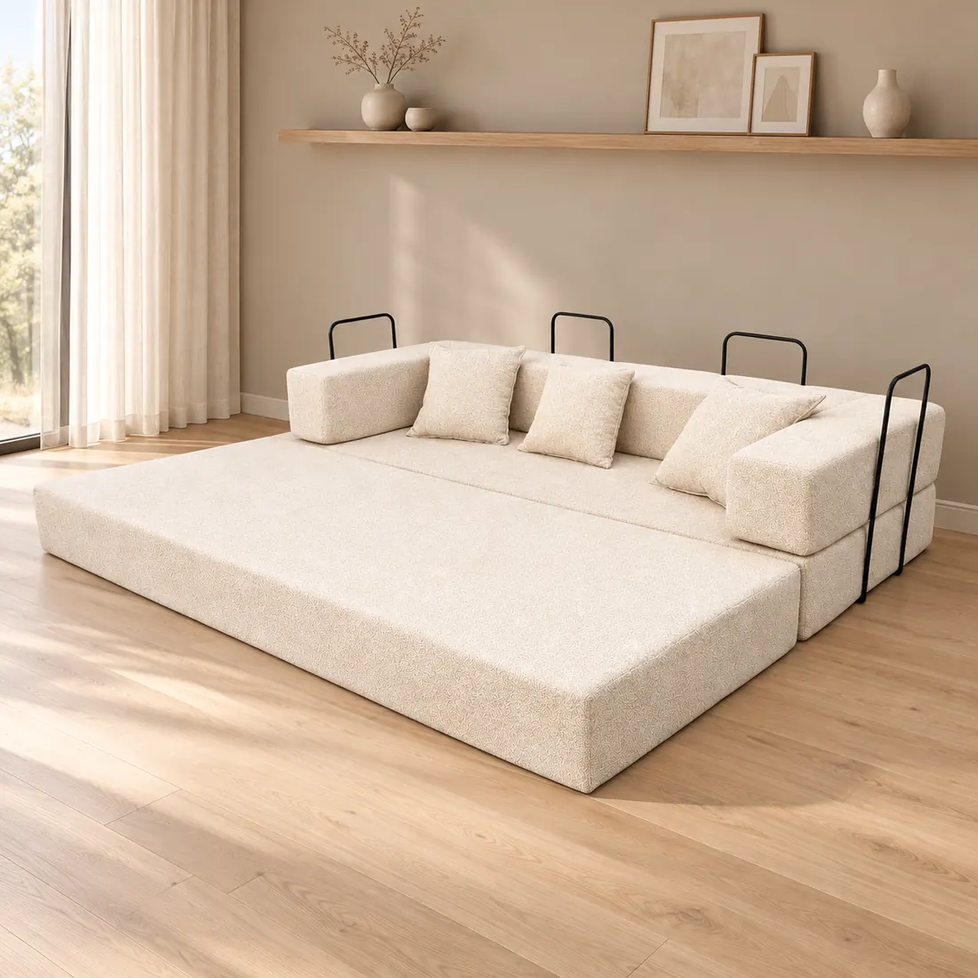 Sofá Aura bege aberto como cama em uma sala