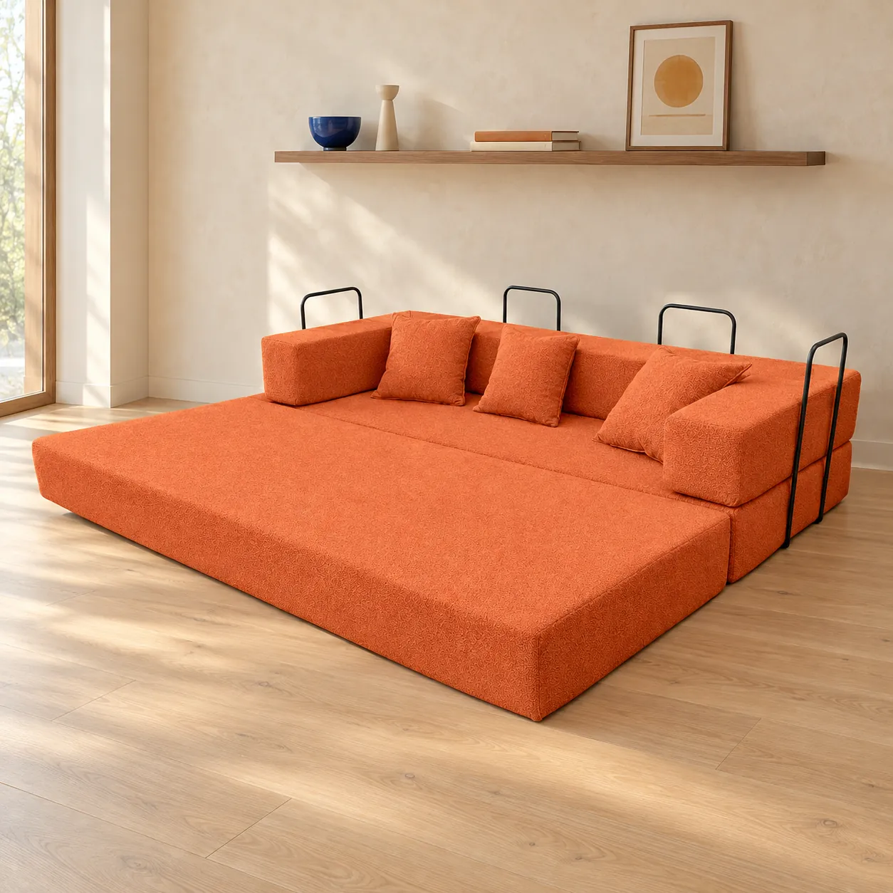 Sofá Aura terracota aberto como cama